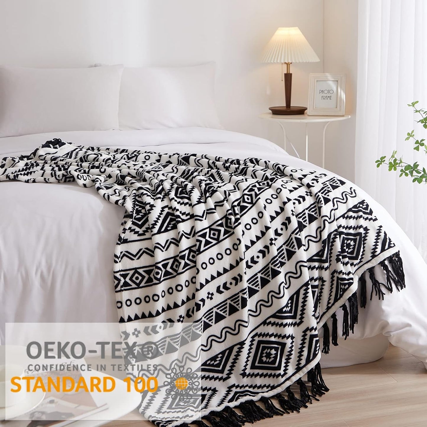 CASAAGUSTO Boho Throw Blanket - Black and White Decorative Blankets with Tassel, Printed Flannel Bohemian Blanket for Chair, Bed, Sofa, Couch(60 * 80, Black and White)