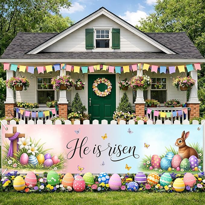 He Is Risen Easter Banner Christian Spring Decor 78 x 17 Inch Religious Easter Banner with Cross Eggs Bunny Scene for Church Yard Fence Door Wall Indoor Outdoor Display