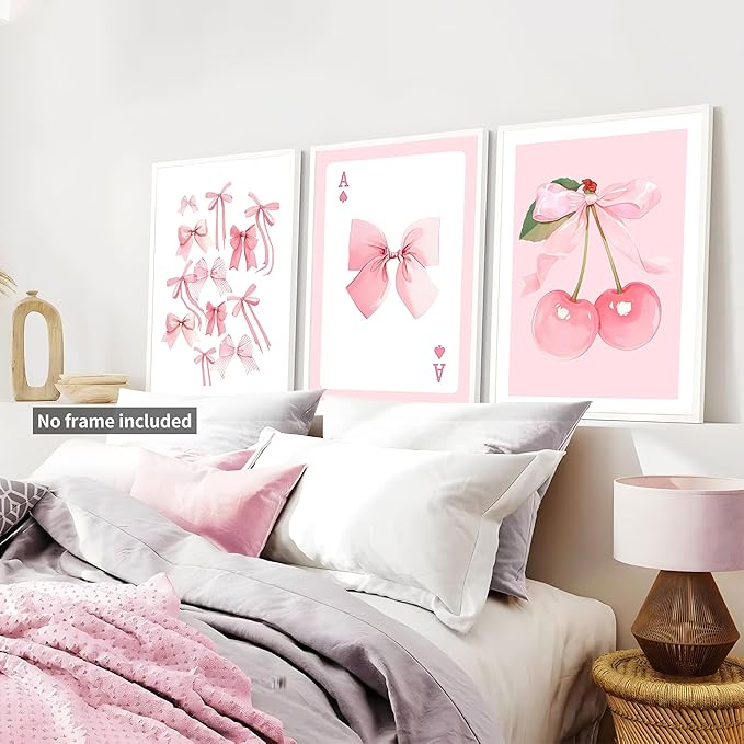 Trendy Pink Bows Posters Wall Art Set of 3, Vintage Preppy Cherry Picture Prints, Pink Girly Room Aesthetic Canvas Wall Decor Painting for College Apartment Living Room Bedroom 12x16 In Unframed