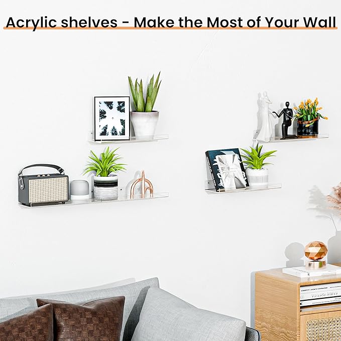upsimples 4 Pack 15x6 Inches Acrylic Bathroom Shelves for Wall, Floating Bathroom Shelves Over Toilet, Storage Shelf for Toilet Paper, Towels and Toiletries, Clear