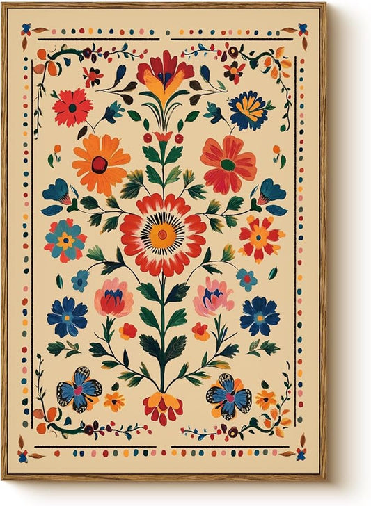 Vintage Floral Framed Canvas Wall Art 16x24 Colorful Flower Painting, Tropical Botanical Nature Boho Bright Vibrant Floral Print, Mexican Traditional Latin Bedroom Home Office Décor