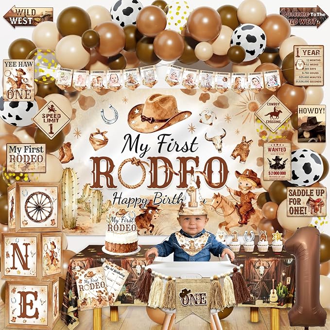 My First Rodeo Birthday Decorations, Wild West Western Cowboy Rodeo 1st Birthday Party Decor Supplies for Boy - Backdrop, High Chair Banner, Bandana, Tablecloth, Poster, Wall Signs, ONE Box