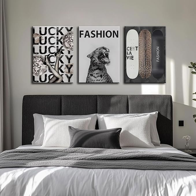 Trendy Leopard Canvas Wall Art Fashion Cheetah Lucky Skateboard Wall Decor Pictures Funky Vintage Preppy Luxury Aesthetic Posters Prints for Girly Bedroom Apartment Dorm Decoration 12x16in