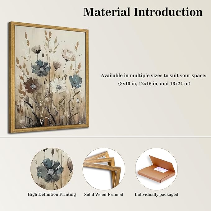 Yaneiro Wood Framed Vintage Wildflower Wall Art, Boho Canvas Wall Decor Paintings, Sage Flower Bathroom Decor, Countryside Farmhouse Landscape Posters Print for Bedroom Hallway Living Room 8x10 Inch