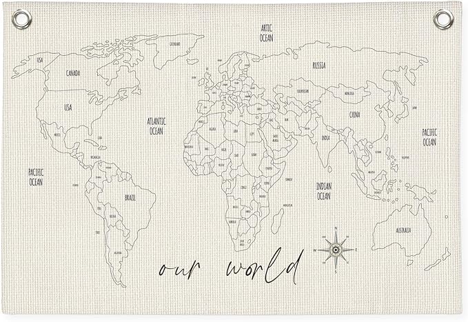 MOFUYU World Map for Kids Canvas Banner - World Maps for Wall, Kids Room Wall Decor, Adventure Nursery Hanging Sign, Geography Learning for Playroom and Bedroom 30x20 Inch