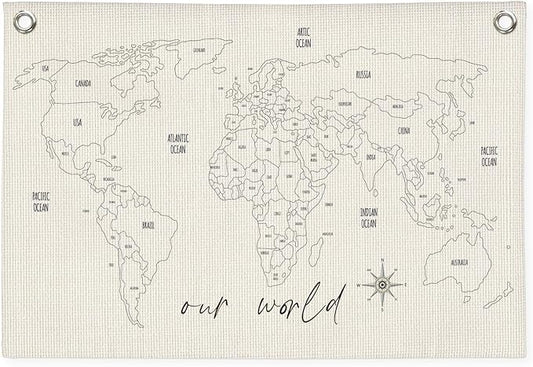MOFUYU World Map for Kids Canvas Banner - World Maps for Wall, Kids Room Wall Decor, Adventure Nursery Hanging Sign, Geography Learning for Playroom and Bedroom 30x20 Inch