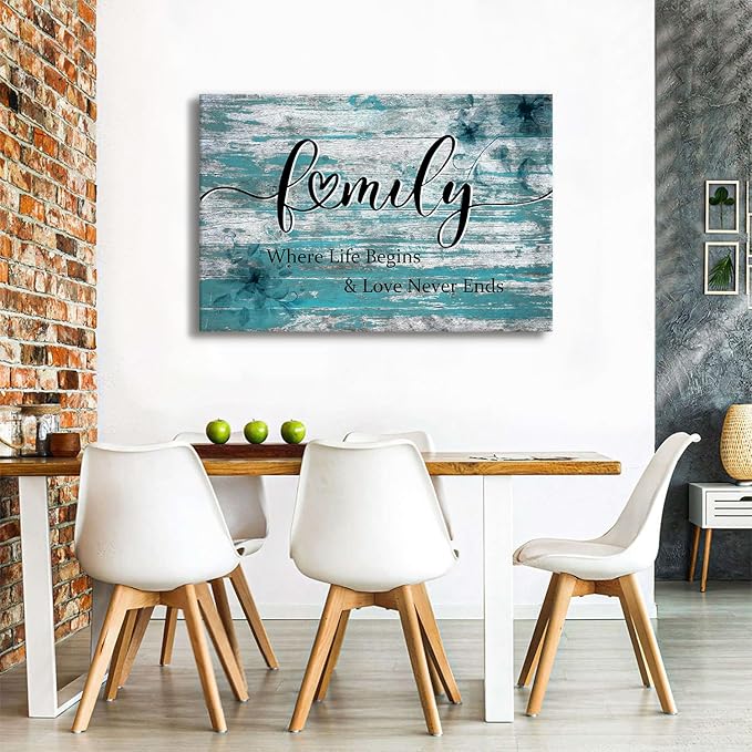 Large Family Wall Art Turquoise Wall Decor for Kitchen Inspirational Saying Canvas Prints Where Life Begins Love Never Ends Signs Picture Vintage Farmhouse Painting Artwork Home Decoration 32x48"