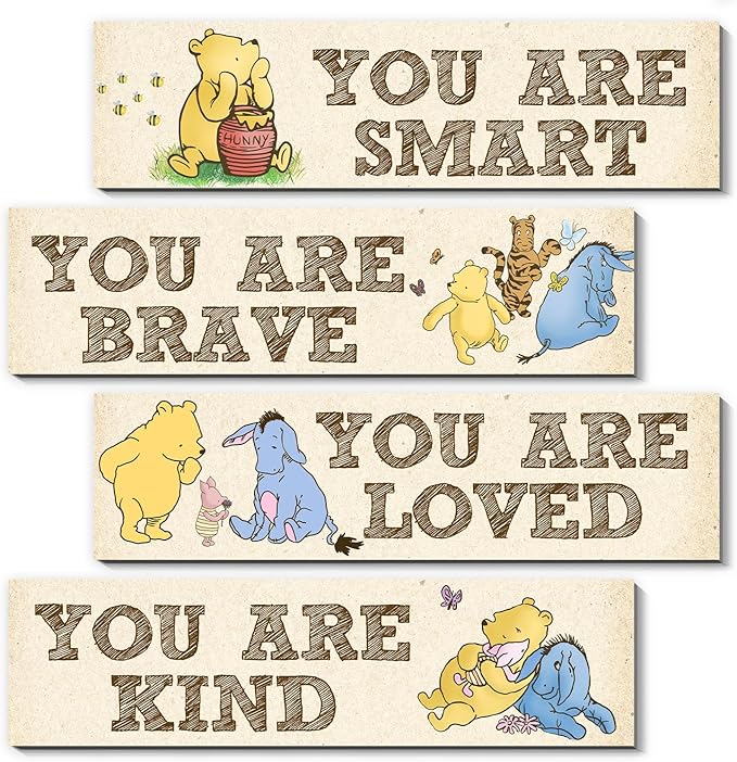 BirtDerr Winnie Room Decor- the Pooh Sign-Wooden Baby Stuff-Vintage Nursery Decor-4PCS Wall Decor Wall Art(Classic)-You Are Kind Brave