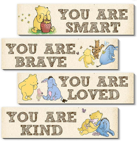 BirtDerr Winnie Room Decor- the Pooh Sign-Wooden Baby Stuff-Vintage Nursery Decor-4PCS Wall Decor Wall Art(Classic)-You Are Kind Brave