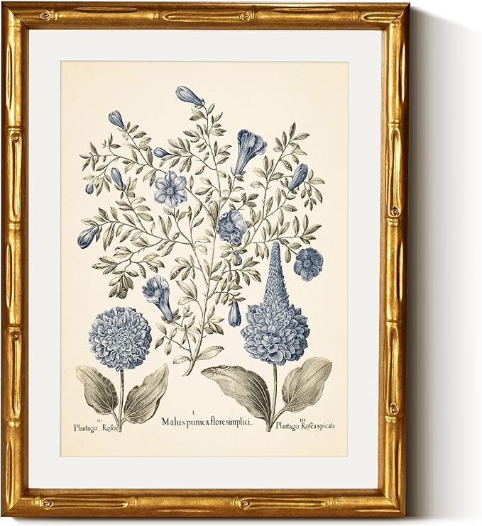 InSimSea Gold Bamboo Framed Canvas Wall Art, Retro Blue Hydrangea Botanical Prints, Antique Flowers Picture Frame with Mat, Victorian Home Wall Decor for Kitchen Living Room Bedroom, 11x14inch