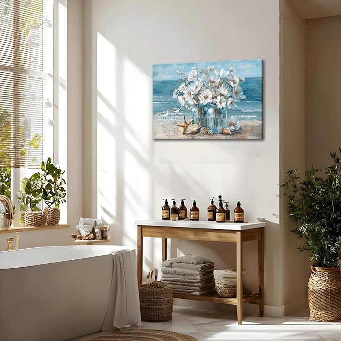 Blue Ocean Beach Bathroom Wall Art Ocean Theme Flower Canvas Painting Mason Jar White Daisies Coastal Print Artwork Starfish Seashells Seascape Picture Wall Decor for Living Room Bedroom 12x16"