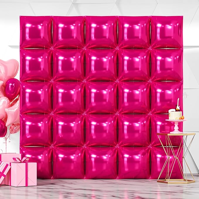 NISOCY 25PCS Hot Pink Square Foil Balloons Wall Backdrop Double Sided Rose Red Balloon Tunnel Arch Kit for Birthday Valentine Wedding Anniversary Bachelorette Bridal Baby Shower Party Decorations