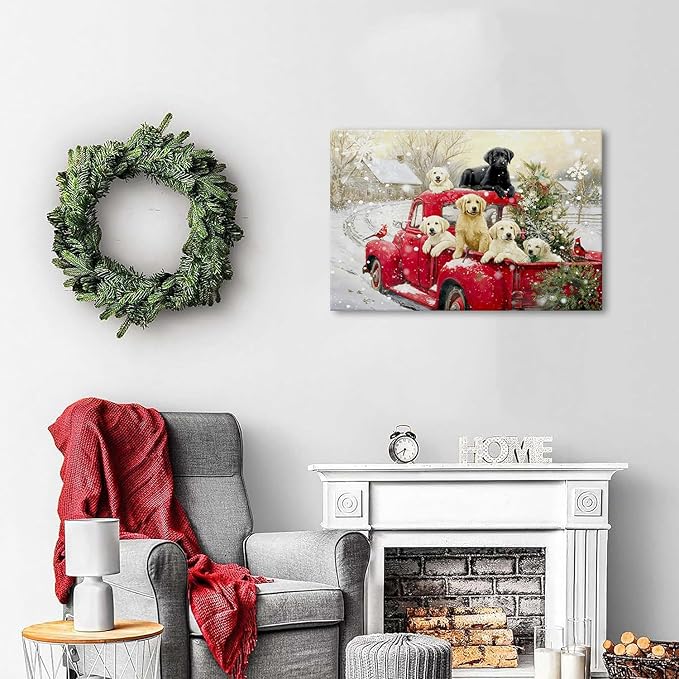 Christmas Canvas Wall Art for Living Room Vintage Red Truck Pictures Cute Farmhouse Dogs Wall Decor Rustic Christmas Tree Poster Retro Winter Country Scenic Artwork for Bedroom Home Decorations 16x24"
