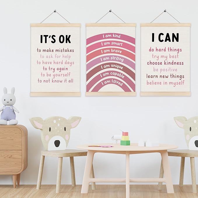 Koesus Inspirational Classroom Pink Rainbow Wall Art Poster Hanger Frame 12x16 Inch Set of 3, Positive Affirmations for Kids, Motivational Canvas Prints Framed Wall Decor for Classroom Kids Room