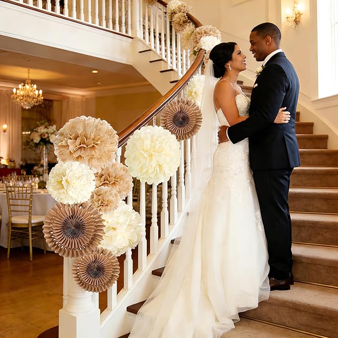 PAPER JAZZ 15 Pcs Wedding Decoration Vintage Beige Pompoms Decoration Brown Paper Fans Boho Party Decoration for Wedding Decoration Birthday Table Decoration Baby Shower