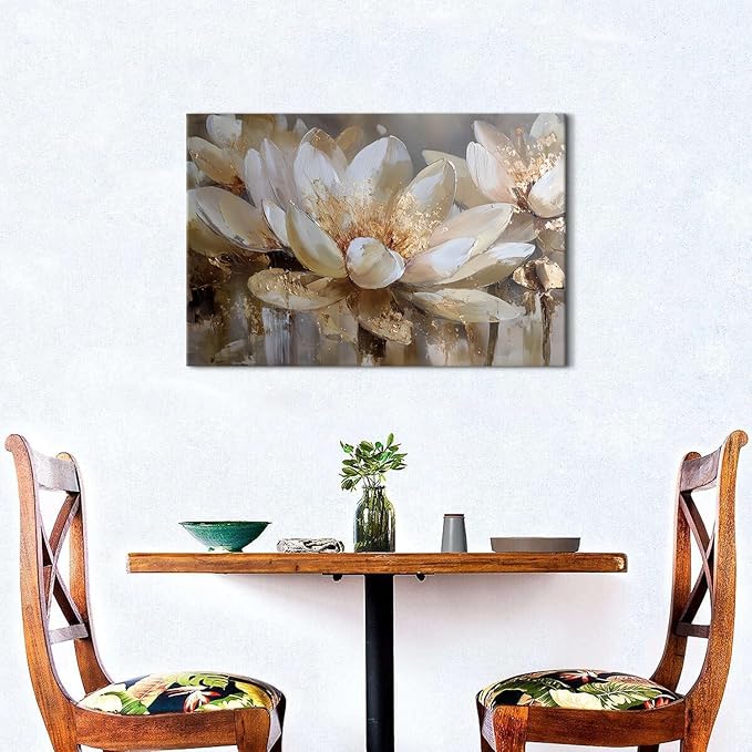 Lotus Flower Wall Art Abstract Floral Wall Decor Vintage White and Gold Flowers Canvas Wall Prints for Living Room Bedroom Zen Meditation Paintings Spa Yoga Posters Artwork Office Decoration 16x24"