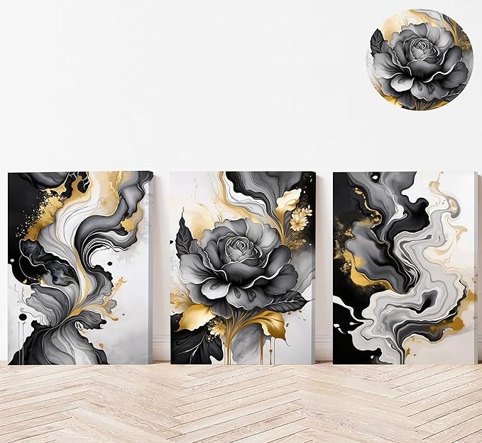 3pcs Black And Gold Abstract Canvas Wall Art Modern Black Grey And Gold Marble Wall Decor Pictures Minimalist Foil Fluid Texture Posters Prints for Living Room Bedroom Office Home Decoration