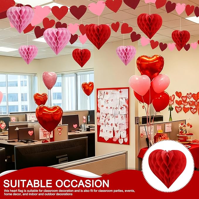 23 Pcs Valentine's Day Classroom Ceiling Decoration Kit with 15 Love Flags and 8 Heart Paper Flower Balls Heart Valentines Garland Accessories for Party Wall Office Classroom School Decor