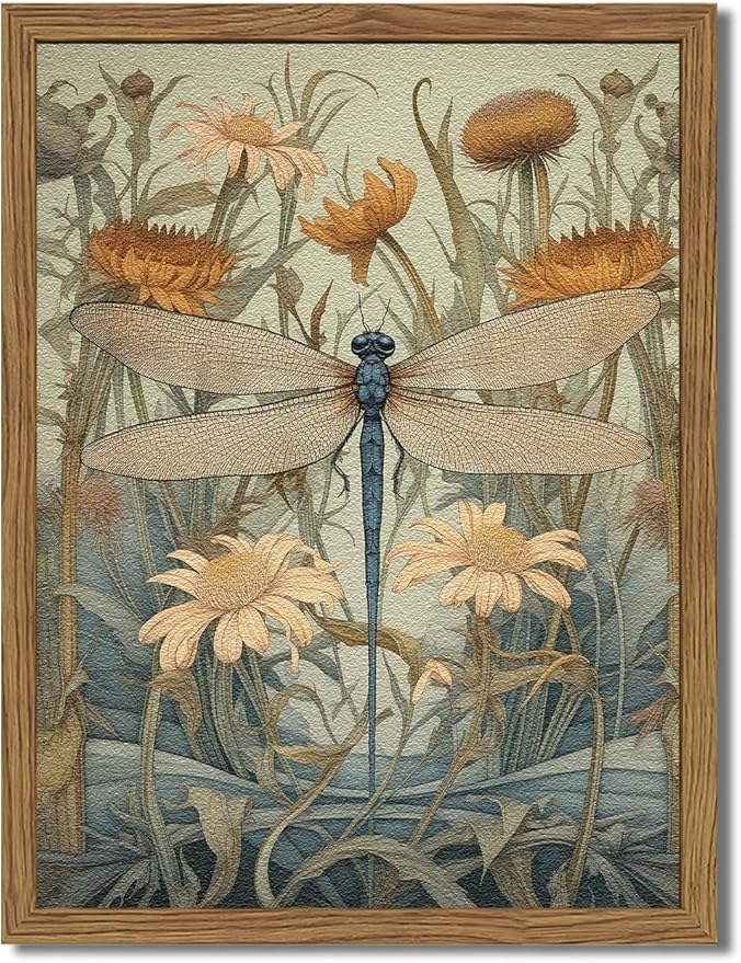 Framed Vintage 3D Textured Wall Art Green Dragonfly Flowers Wall Decor Hand Drawn Sandstone Nature Botanical Pictures for Living Room Bedroom 16x24 inch
