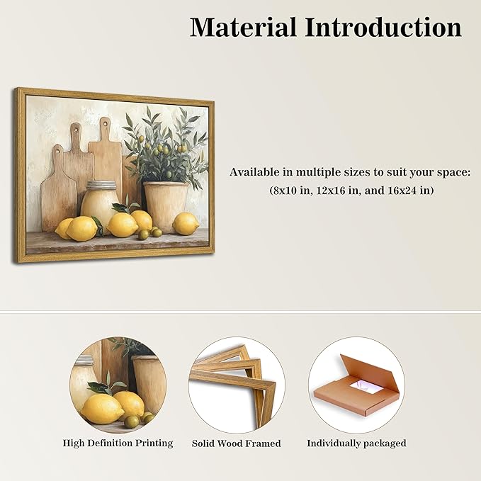 Wood Framed Vintage Kitchen Wall Art, Yellow Lemon Still Life Wall Decor Oil Paintings, Rustic Farmhouse Artwork Canvas Posters Prints Pictures for Living Room Bedroom Home Decor 12x16 Inch