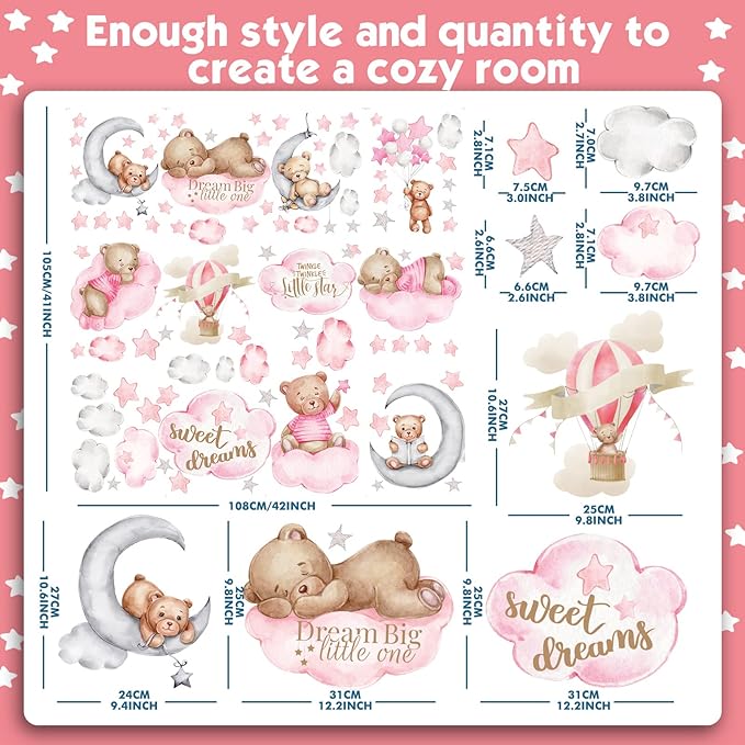 Yinder Pink Bear Wall Decals (12 Sheets, 78 Pcs) - Highland Cow, Clouds, Balloon Decor for Kids Nursery Room, Bedroom, Living Room, Classroom Decor