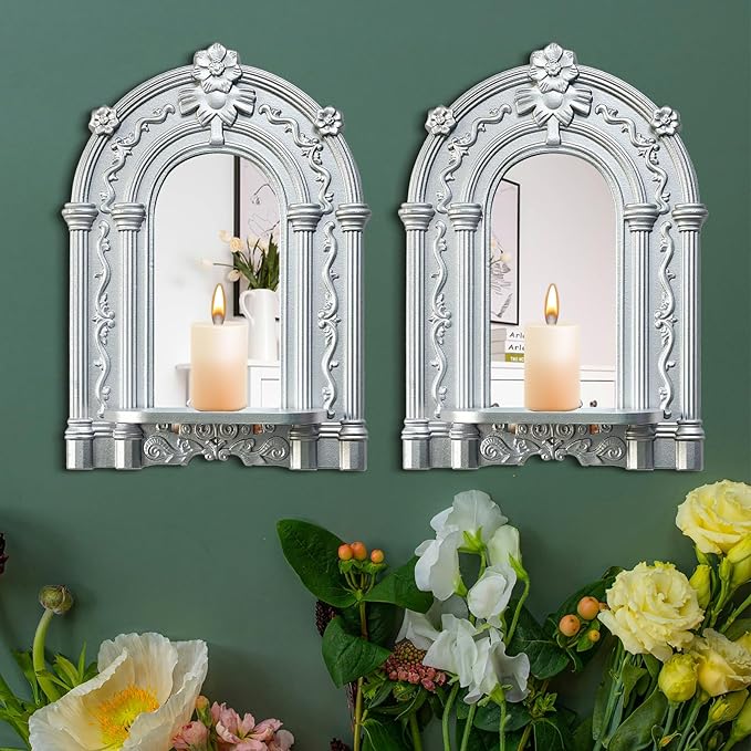 Three-Dimensional Relief Candle Sconces Set 2 Rustic Wall Mount Candle Holders Wood Hanging Wall Decor Mirrored Wall Art Hand Carved Home Decoration