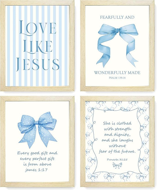 LARTSFRO Coquette Blue Bow Jesus Wall Art Decor Posters, Light Blue Bow Room Bedroom Bathroom Dorm Wall Art Decor Aesthetic for College Teen Girls Gifts, Inspirational Bible Verses Bow Wall Decor, 10x8 Inch Set of 4 Bow Pictures (WOOD-GRAIN IMITATION F...