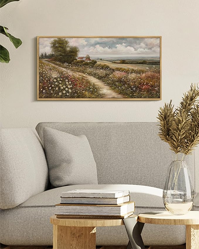 SHENIFY Vintage Landscape Framed Wall Art Rustic Countryside Wildflower Field Farmhouse Decor Retro Meadow with Flowers Painting for Kitchen Bedroom Living Room Bathroom - 8x16in Natural Framed