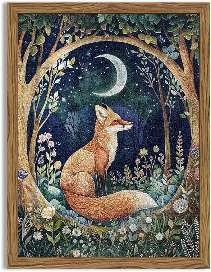 Framed 3D Textured Vintage Wall Art - Cottagecore Hand Drawn Sandstone Fox Paintings Wall Decor, Whimsical Forest Animal Floral Botanical Aesthetic for Bedroom Living Room Nursery 16x24 inch