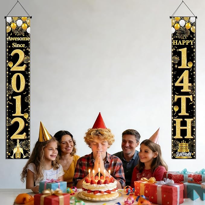 14th Birthday Decorations Boys Girls - Black Gold Awesome Since 2012 Door Banner Porch Wall Decor Backdrop For 14 Year Old Indoor Outdoor Party Supplies