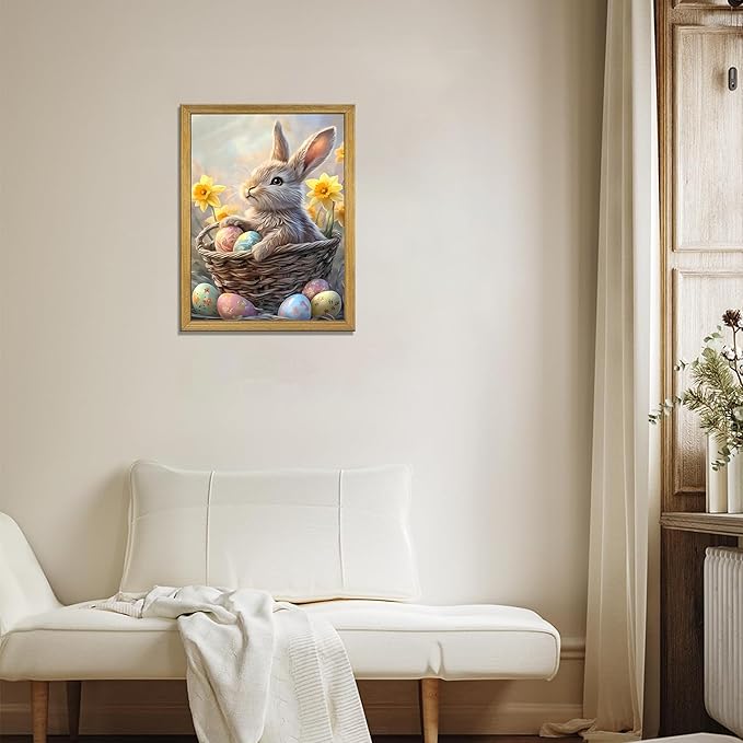 Easter Bunny Wall Art, Cute Rabbit Canvas Wall Decor Painting, Easter Eggs Poster Print Picture, Spring Farmhouse Animal Oil Painting for Living Room Bedroom Kitchen Holiday Home Decor 16x24 Inch Wood Framed