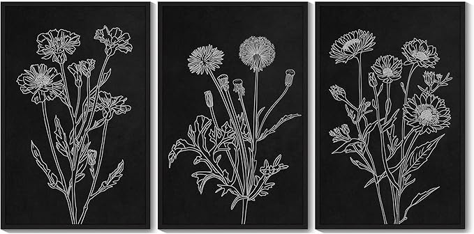 Drsoum Vintage Boho Botanical Flower Wall Art Framed Retro Floral Wall Prints Wildflower Neutral Rustic Bohemain Artwork Kitchen Bedroom Ready to Hang 24x36in Black Framed