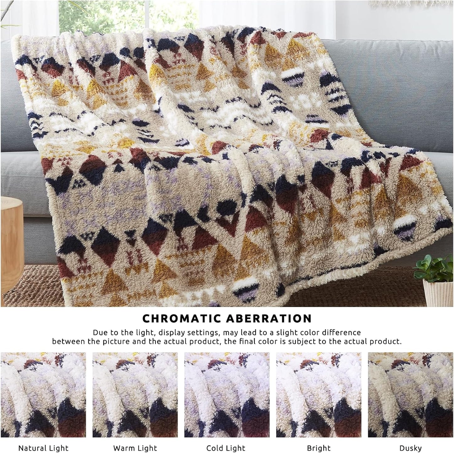 CASAAGUSTO Boho Sherpa Blanket,Teal Aztec Twin Blanket, Ultra Soft, Warm, Cozy, Plush, Thick Fleece Western Blanket for Couch, Bed, Sofa (Khaki 60 * 80 Inch)