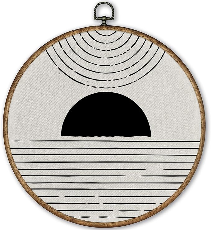 TLESKE Black and White Boho Round Wall Art Decor, Abstract Minimalist Bohemian Framed Canvas Prints Wall Art Artwork, Neutral Mid Century Modern Wall Hanging Door Decor for Bedroom Living Room 10x10