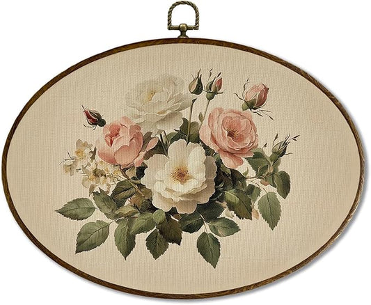 JQF Vintage Rose Floral Oval Wall Decor, Cottagecore Botanical Floral Oval Canvas Wall Art, Antique Country Flower Framed Prints Hanging Decor for Home Bedroom Living Room, 8.5x11.5 Inch
