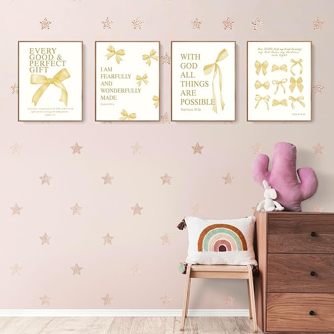 LARTSFRO Coquette Yellow Bow Wall Art Decor Posters, Butter Yellow Bow Room Bedroom Bathroom Dorm Wall Art Decor Aesthetic for College Teen Girls Gifts, Inspirational Bible Verses Bow Wall Decor, 10x8 Inch Set of 4 Pcs Bow Pictures (UNFRAMED)