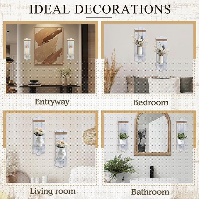 Farmhouse Wall Decor Candle Sconces - 2 Pcs Rustic Scandinavian Handmade Wooden Wall-Mount Candle Holders for Bedroom Living Room Bathroom Home Hanging Art Decorations Accessories Gifts, Grayish White