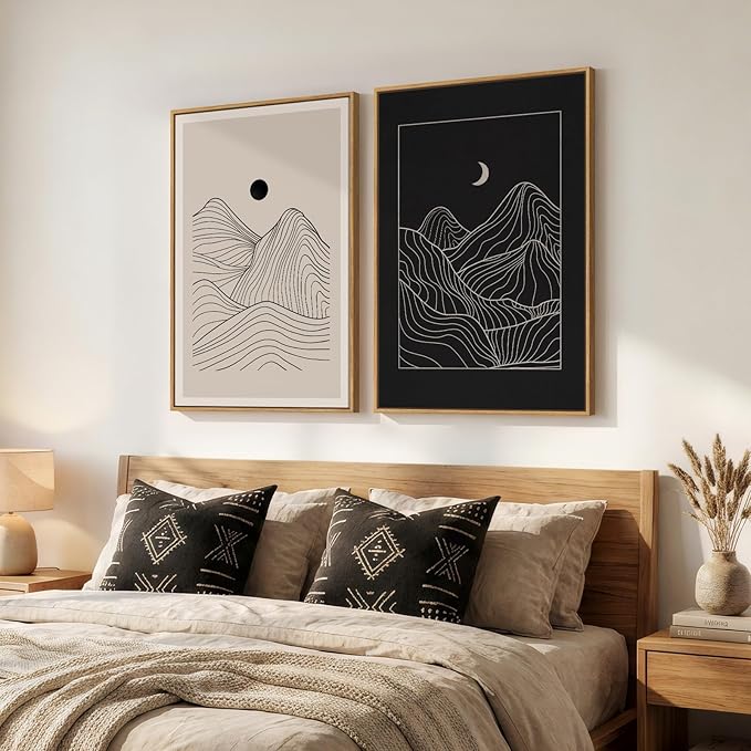 Large Framed Black and Beige Neutral Abstract Wall Art for Living Room, Set of 2 Modern Canvas Prints Paintings Artwork for Walls, Mountain and Moon Pictures for Bedroom Hallway Wall Decor 24x36 In
