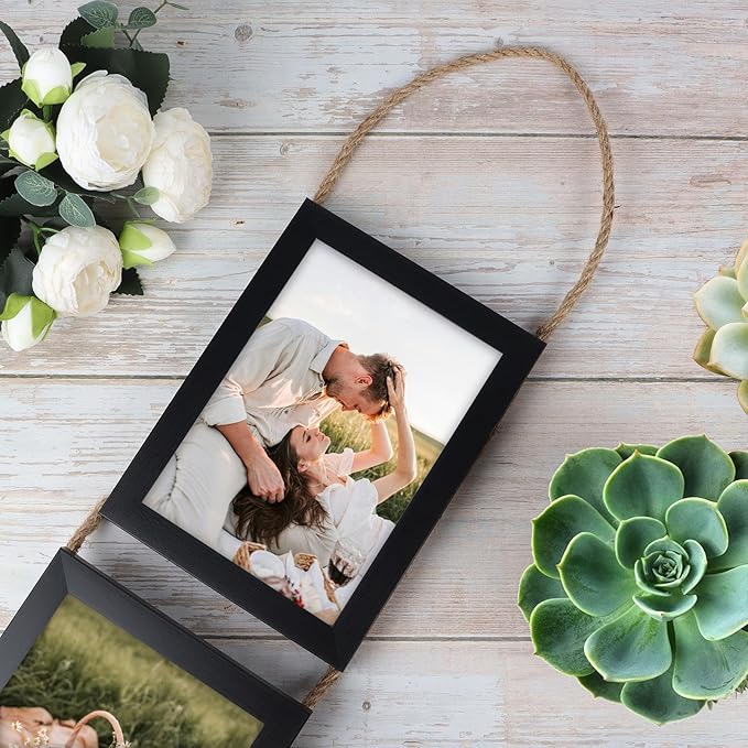 QUTREY 5x7 Collage Picture Frames Black, 6 Openings Vertical Hanging Photo Frame Set Display 5 by 7 inch Pictures for Wall Decor, 2 Pack
