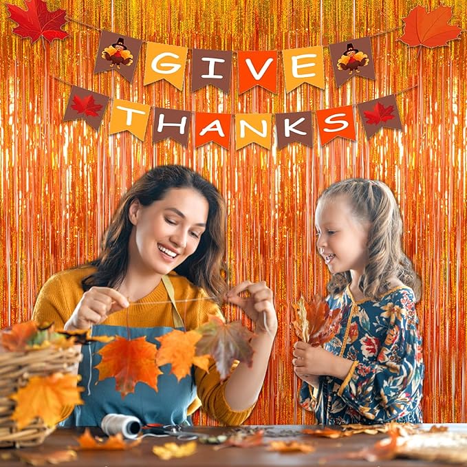 Upgraded Thicker Melsan Tinsel Fringe Curtain, 3 Pack 3.2 x 8.2 ft Orange Metallic Streamers with Extra Tape, for Basketball Party Decorations Thanksgiving Birthday Baby Shower Graduation Party Decor