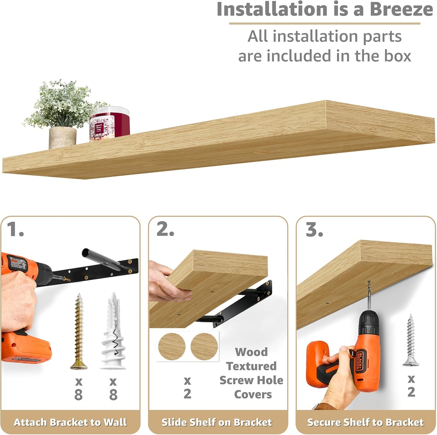 Sorbus Floating Shelves for Wall - 35 Inch Long Bathroom Shelves, Wall Decor for Bedroom, Kitchen, Living Room & Book Storage - Mounted Floating Shelf with Invisible Brackets (Maple Wood, 3 Pack)
