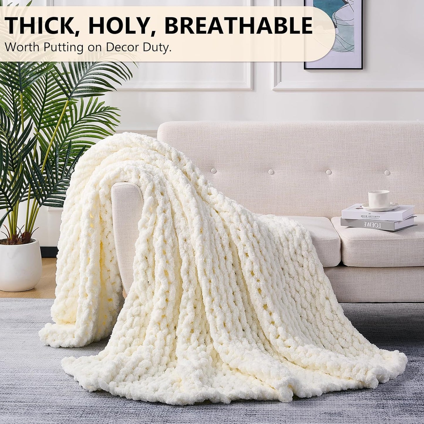 L'AGRATY Chunky Knit Blanket Throw: 72''x84'' Chenille Chunky Knitted Throw Blanket for Bed Couch - Handmade Thick Big Cable Knit Blanket - Large Chunky Crochet Blanket for Home Decor(Cream White)