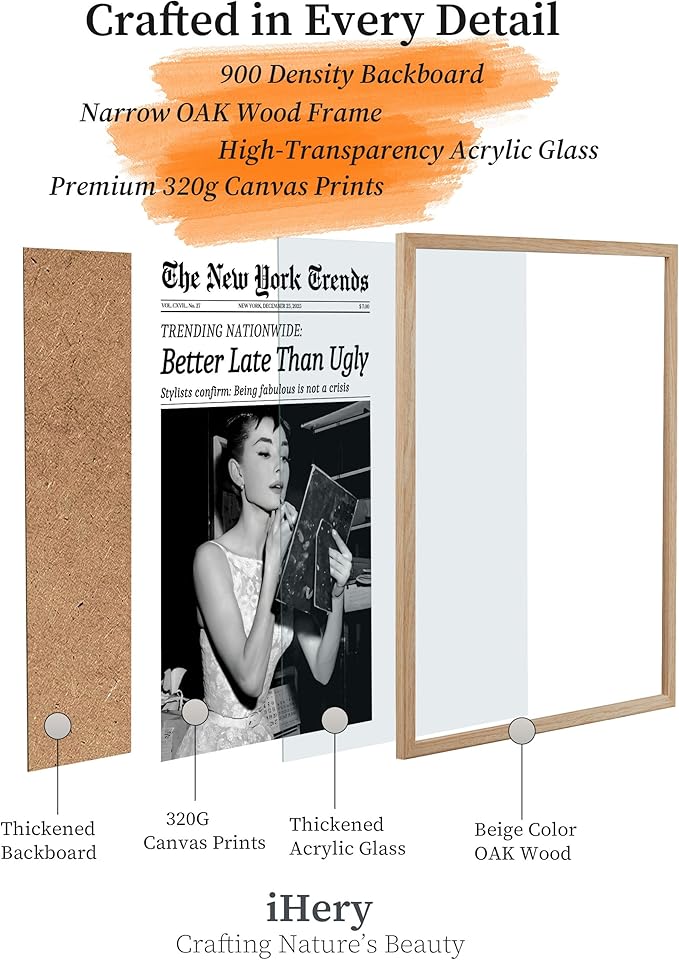 iHery Natural OAK Wood Audrey Hepburn Trendy Framed Wall Art, Better Late Than Ugly 12x16in Vintage Canvas Wall Decor, Retro Black and White Bathroom Artwork, Bedroom Apartment Girly Room 1Pack