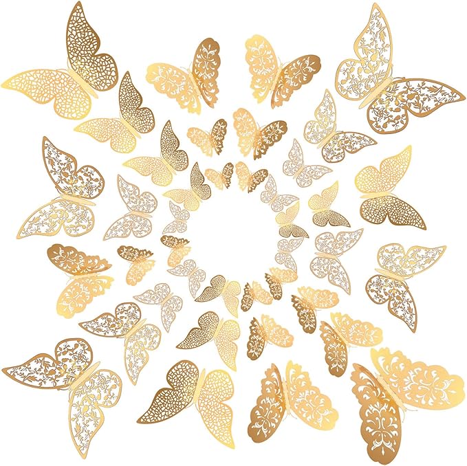 Bememo 72 Pieces 3D Butterfly Wall Decals Sticker Decal Wall Decor Art Decorative Sticker 3 Sizes for Room Offices Bedroom Bathroom Living Room Decor(Gold)
