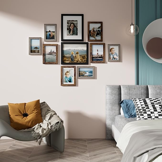 Vittanly Picture Frames Set of 10, Picture Frames Collage Wall Decor with Two 8x10, Four 5x7 and Four 4x6 Photo Frames, Gallery Wall Frame Set for Wall or Tabletop Display, Black, Brown and Dark Grey
