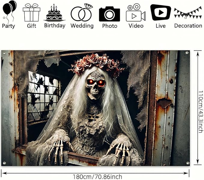 Halloween Skeleton Bride Backdrop 71x43 Inch Gothic Scary Wedding Banner Creepy Zombie Bride Wall Decor for Haunted House Horror Party Trick or Treat Indoor Outdoor Decoration