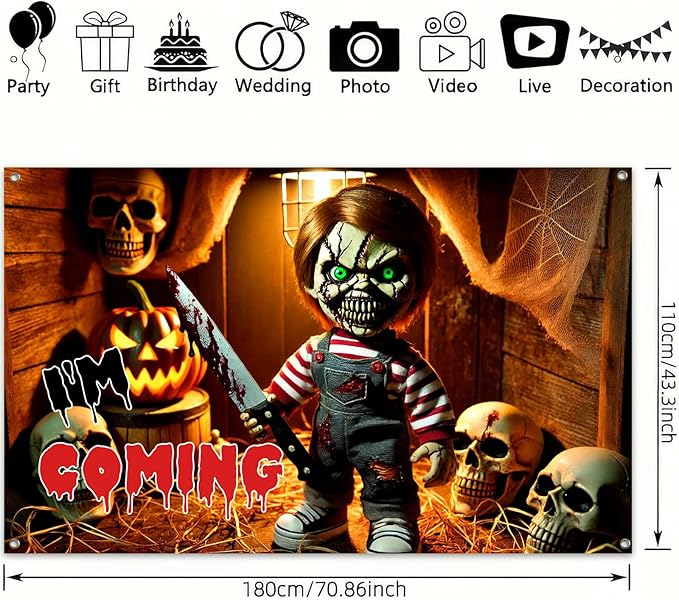 Scary Doll Halloween Banner 71x43 Inch Creepy Knife Puppet Backdrop I'm Coming Wall Decor with Skull Pumpkin for Haunted House Horror Party Trick or Treat Indoor Outdoor Decoration