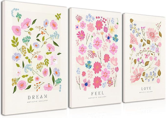 Djmwtb 3 Piece Canvas Wall Art Floral Wall Decor Flower Market Prints Pastel Paintings Pictures for Bedroom Bathroom Artwork 12x16in Framed