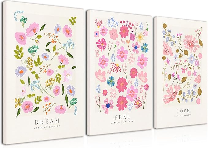 Djmwtb Floral Wall Art Flower Market Prints Flower Pictures Wall Decor Set of 3 Aesthetic Canvas Paintings Pastel Posters Colorful Artwork for Bedroom Bathroom 16x24in Framed