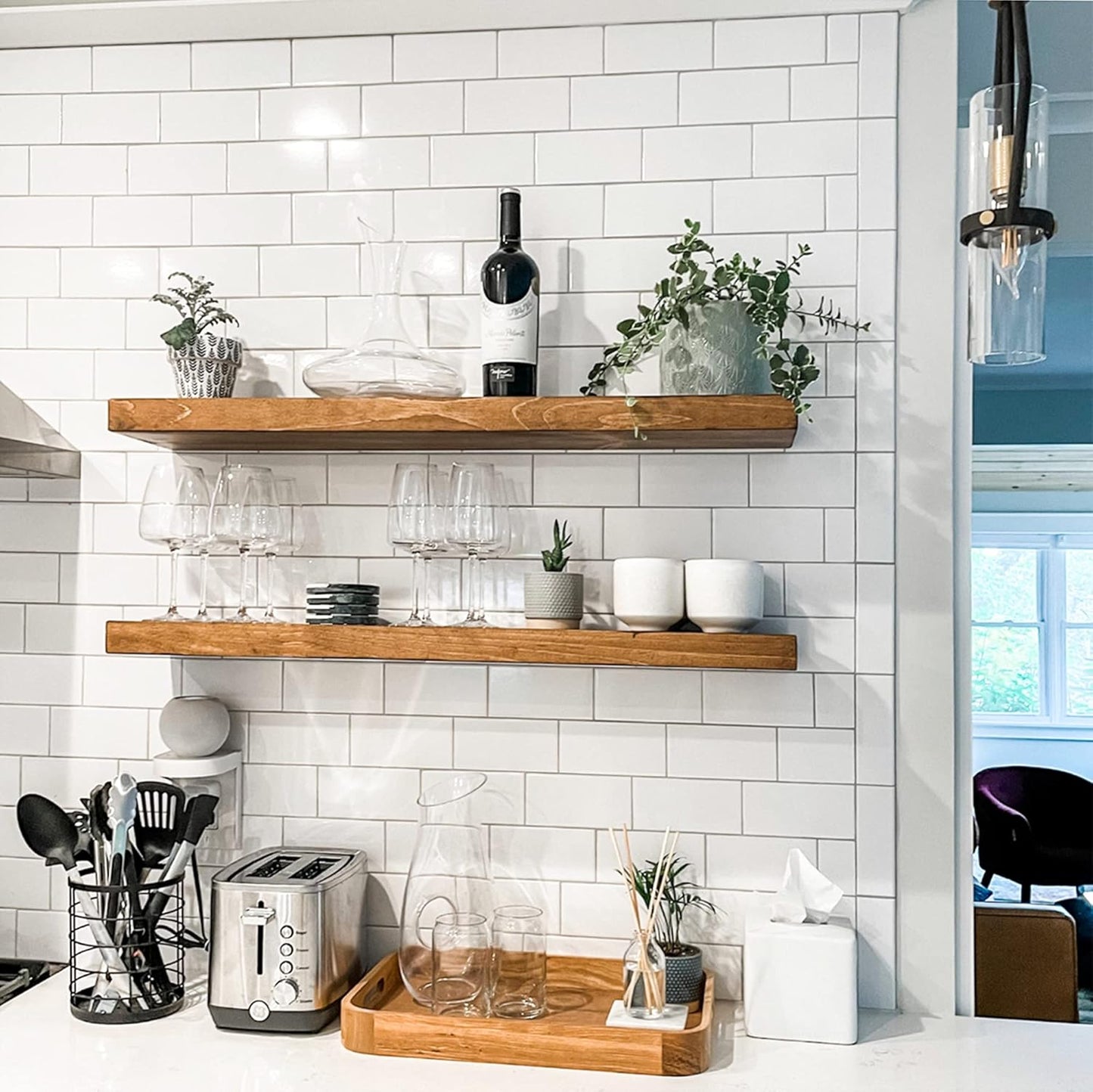 URBANDI, Rustic Floating Shelves, Set of 2, Hidden Bracket, Solid Wood, Heavy Duty, Wall Mounted Shelves, (Brown, 24Wx12D)